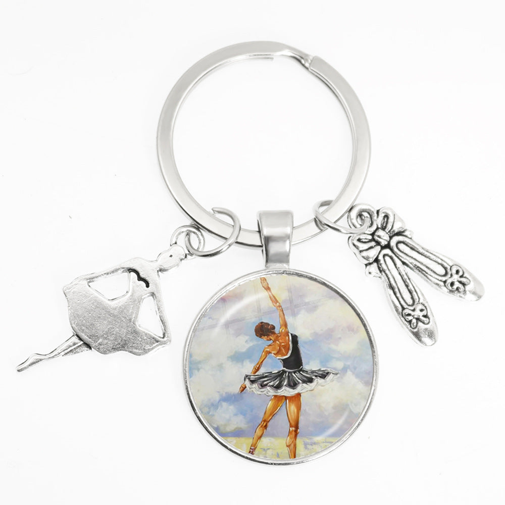 Artistic Ballet Dancer Round Alloy Metal Keychain Pendant