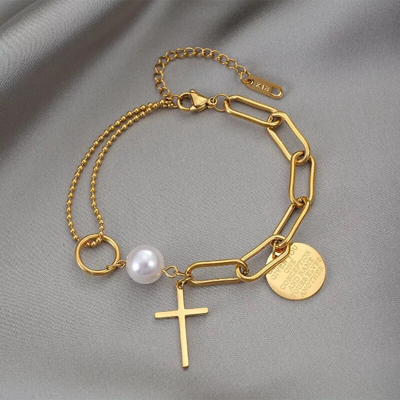 Elegant Streetwear Cross Stainless Steel Pearl Chain Bracelet