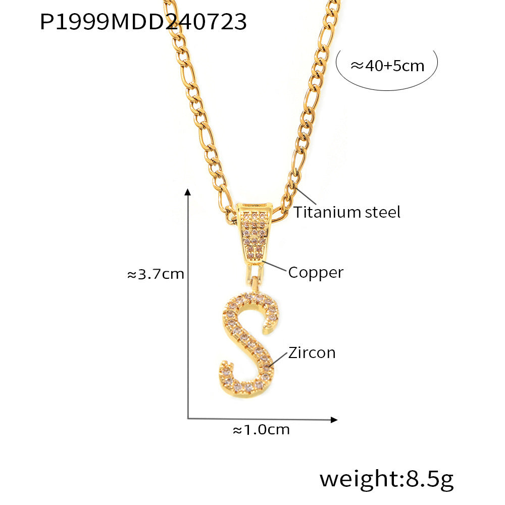 18K Gold Plated Titanium Steel Cursive Letter Pendant Necklace with Zircon Accents