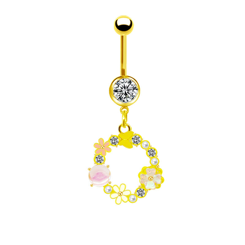 Gold Plated Heart & Star Belly Ring with Rhinestones and Wings Design