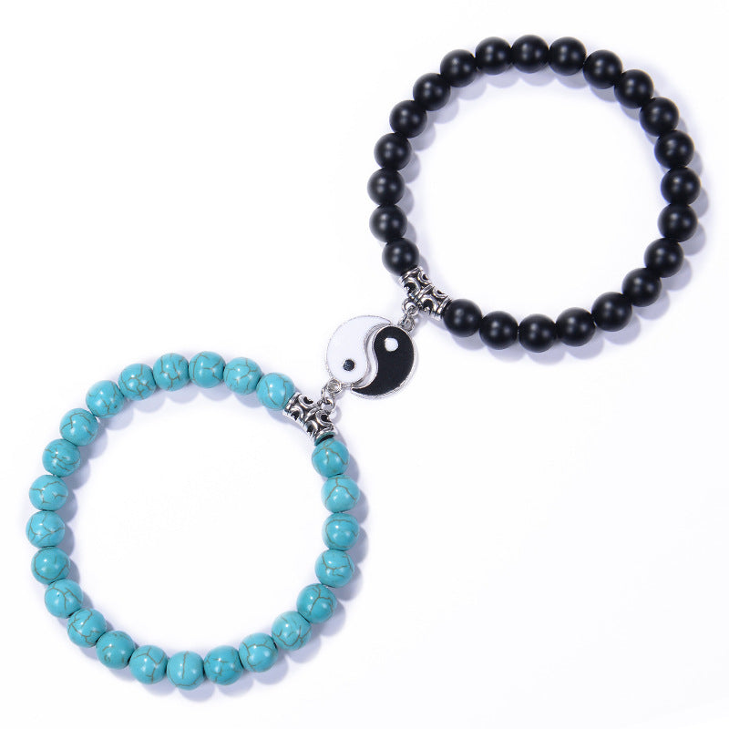 Chinoiserie Natural Stone Beaded Bracelets Set - 8mm Black Matte & Pink Crystal Yin Yang Design