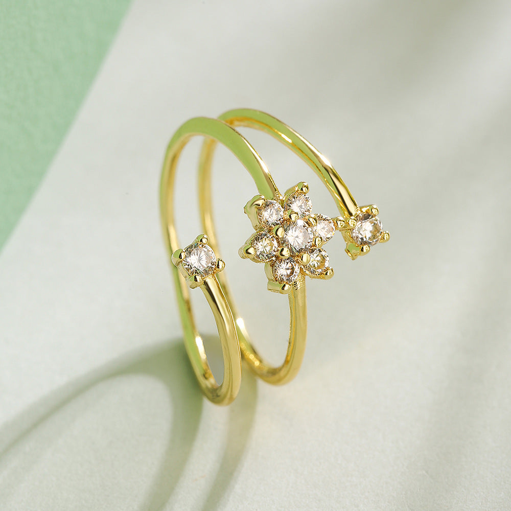 Minimalist Geometric Flower Zircon Open Ring in 18K Gold Plated Copper