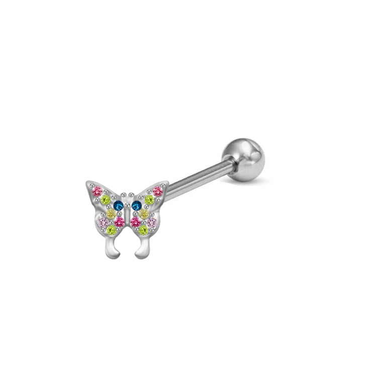 1 Piece Blue Series Stainless Steel Tongue Rings with Animal, Fruit, and Snowflake Designs - Rhinestone Inlay and White Gold Plated