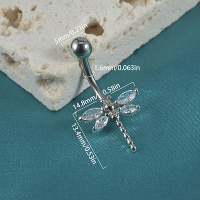 Dragonfly and Butterfly Zircon Inlay Stainless Steel Belly Ring