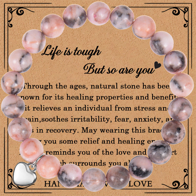 Elegant Heart Shape Natural Stone Pink Crystal Bracelet with Peach Heart Pendant for Women