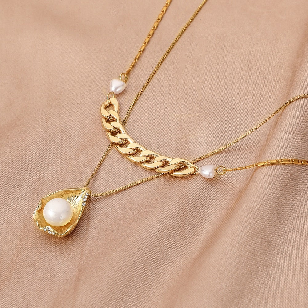 Streetwear Double Layer Heart Shell Pearl Pendant Necklace for Women