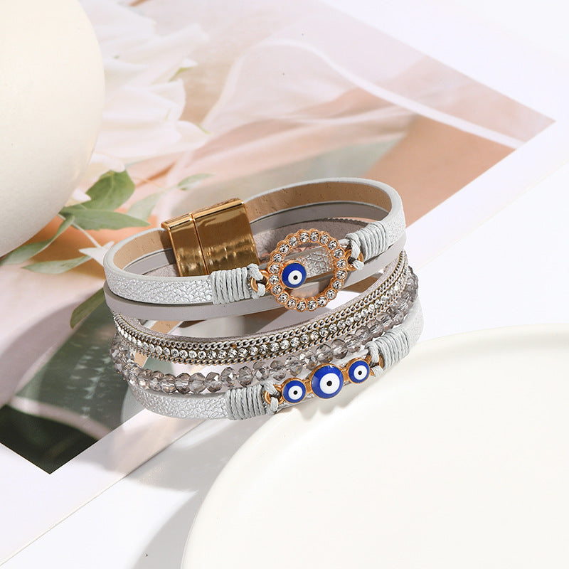 Simple Bohemian PU Leather Bracelet with Artificial Diamond and Magnetic Clasp