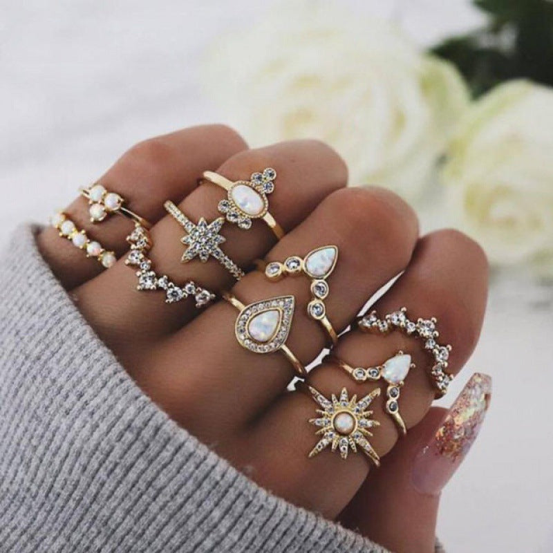 Bohemian Retro Punk Elephant Opal Crystal Midi Knuckle Ring Set for Women