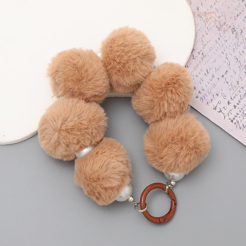 Sweet Flower Beaded Fur Ball Keychain and Phone Charm Bracelet