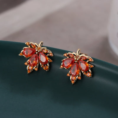 Vintage Leaf Alloy Stud Earrings - Red Maple Design, Elegant & Luxurious 2023 Collection