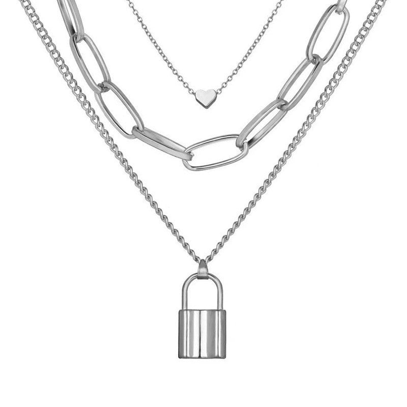 Multi-layer Necklace Peach Heart Lock Pendant Three-layer Sweater Chain
