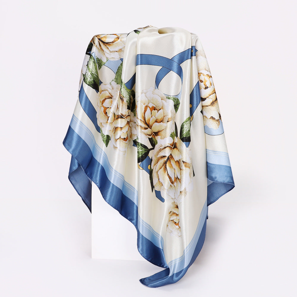 Women's Elegant Floral Print Silk Scarf Kerchief