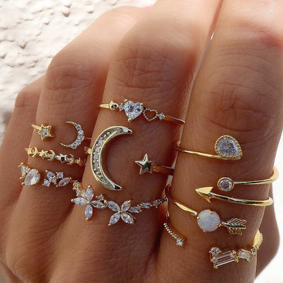 Elegant Moon and Heart Shape Alloy Rings Set with Inlaid Artificial Diamonds for Women