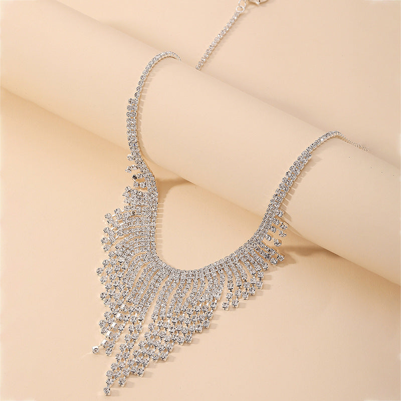 Fashion Geometric Rhinestone Tassel Statement Necklace for Women