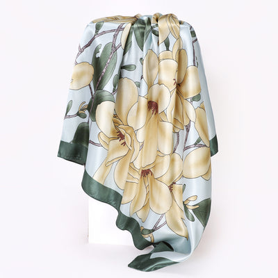 Unisex Green Magnolia Print Satin Silk Scarf