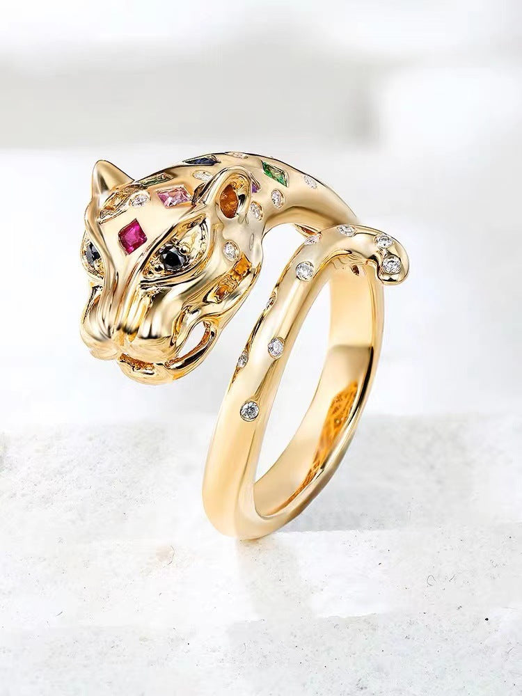 Simple Style Leopard Head Gemstone Inlay Gold Plated Open Ring