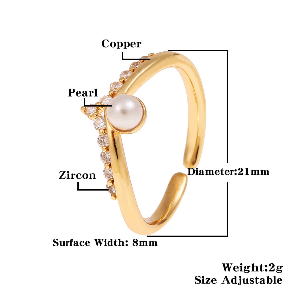 Copper Inlay Zircon Pearl Bohemian Open Ring