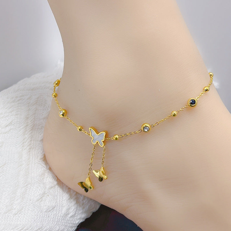 Elegant Butterfly & Star 18K Gold Plated Stainless Steel Anklet with Shell Tassel and Zirconia Accents