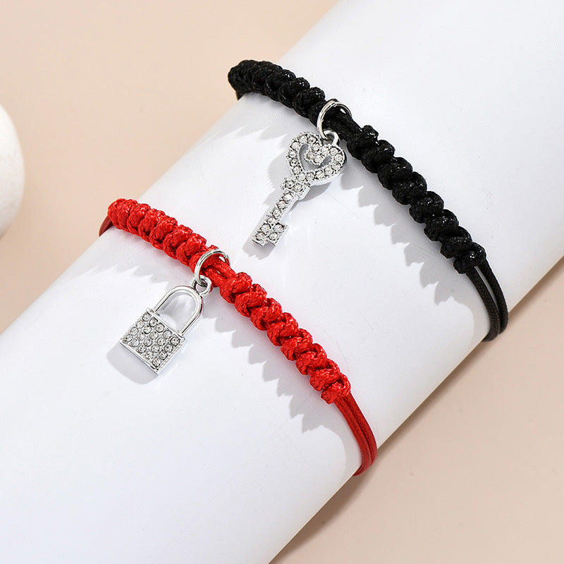 Romantic Key Lock Rhinestone Inlay Couple Bracelets - European Trend Handmade Rope Design