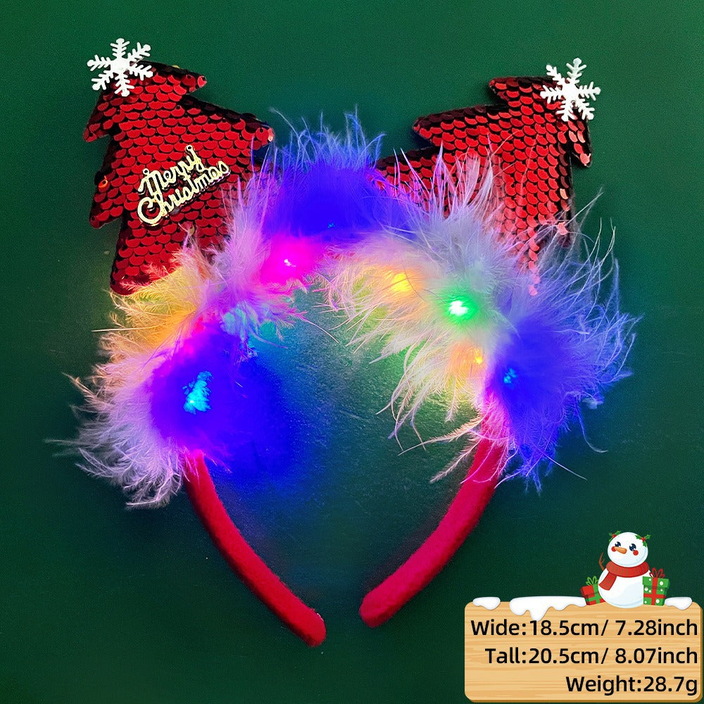 Christmas LED Light-Up Reindeer Antler Headband with Feather Trim