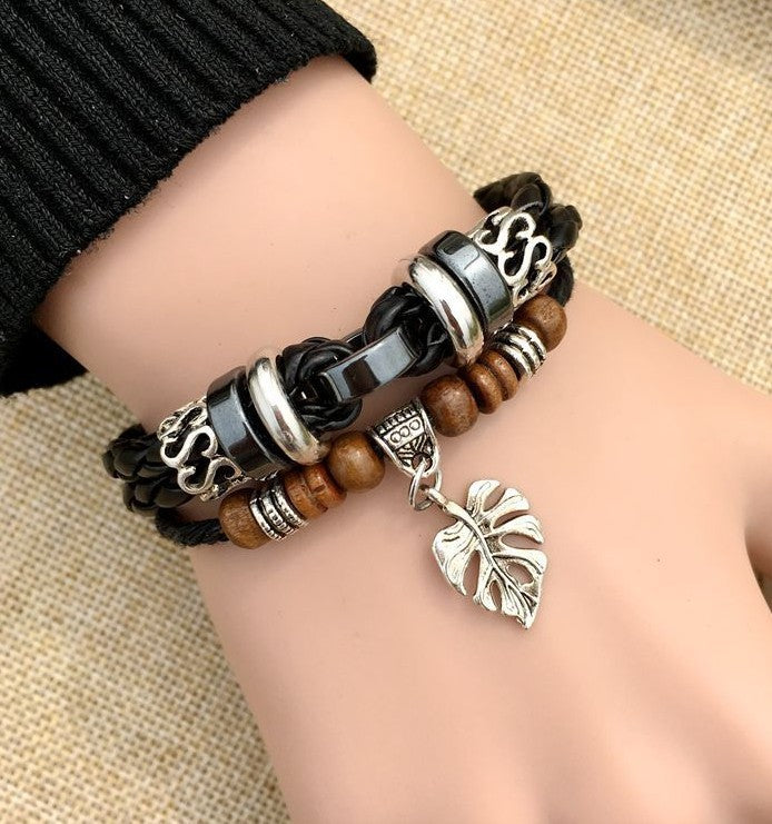 Vintage Ethnic Cross Leaf Alloy Wooden Bead Unisex Bracelet - European Retro Cowhide Handwoven Fashion