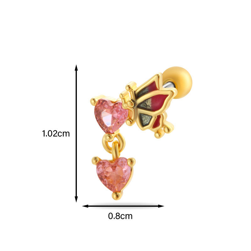 Heart & Butterfly Zircon Inlay Stainless Steel Cartilage Stud Earrings