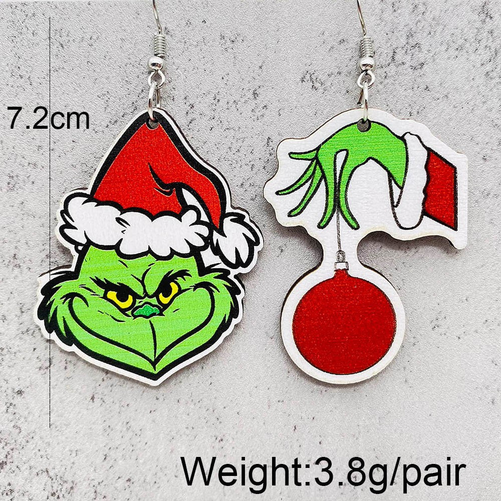 Cartoon Christmas Hat Monster Wood Drop Earrings