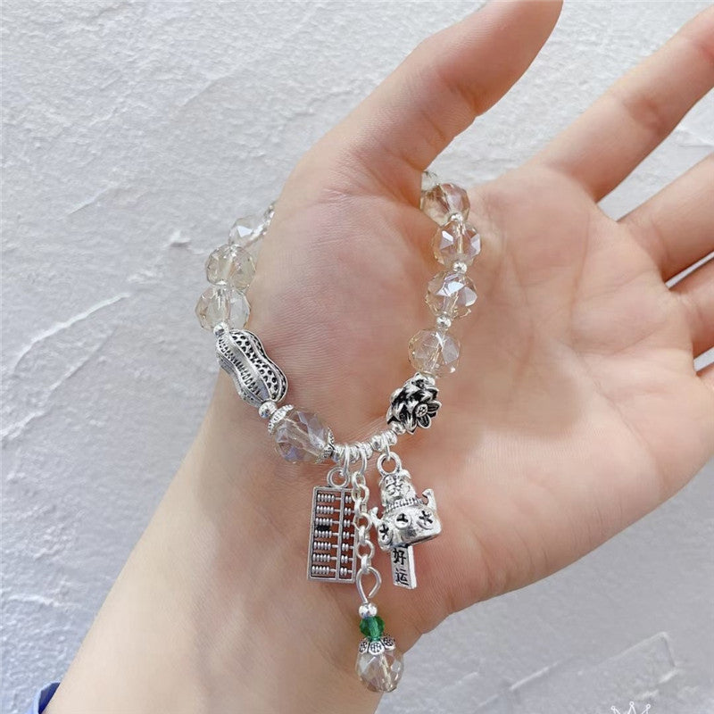 Colorful Crystal Beaded Elephant Charm Bracelet with Tassel and Vintage Silver Pendant