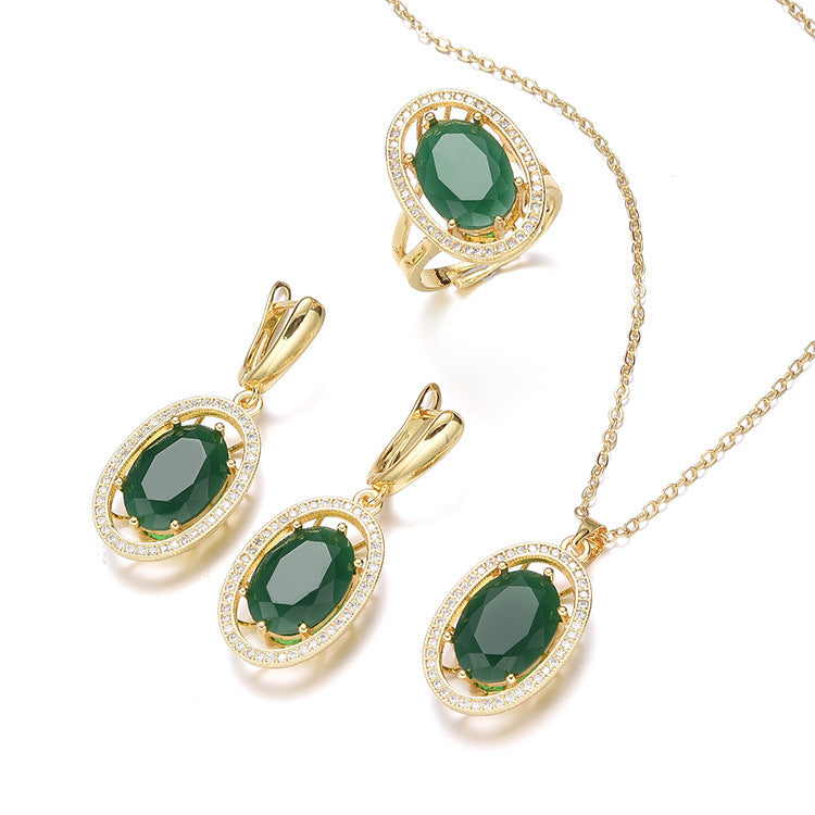 Retro Oval Brass Inlay Zircon Jewelry Set - Necklace, Earrings, and Rings