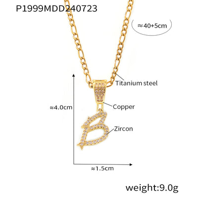 18K Gold Plated Titanium Steel Cursive Letter Pendant Necklace with Zircon Accents