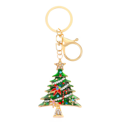 14k Gold Plated Christmas Tree Keychain with Enamel and Rhinestone Decoration