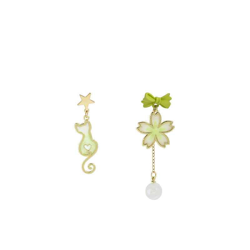 Cartoon Animal Enamel Pearl Drop Earrings with Bow and Flower Design