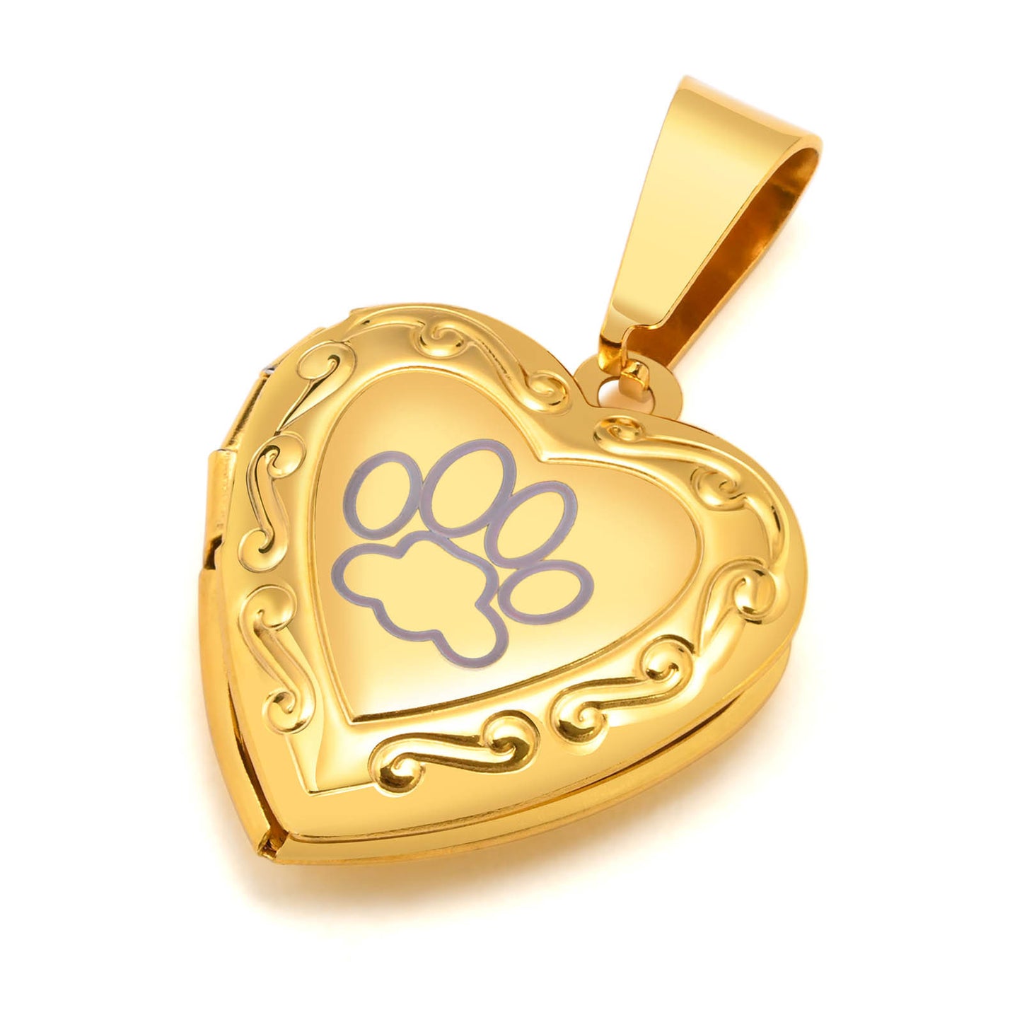 Stainless Steel Heart Locket Pendant Necklace with Paw Print Design