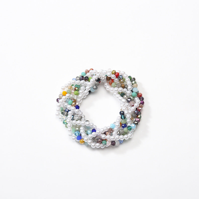 Elegant Bohemian Multicolor Glass Bead Hair Tie with Pearl Accents