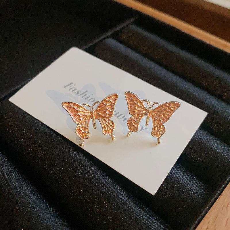 Elegant Butterfly Enamel Alloy Stud Earrings - Silver Needle Dripping Oil Design