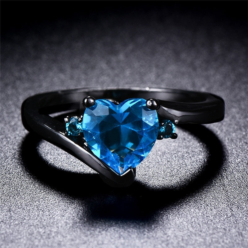 Sweet Heart Shape Blue Gemstone Black Gold Women's Ring