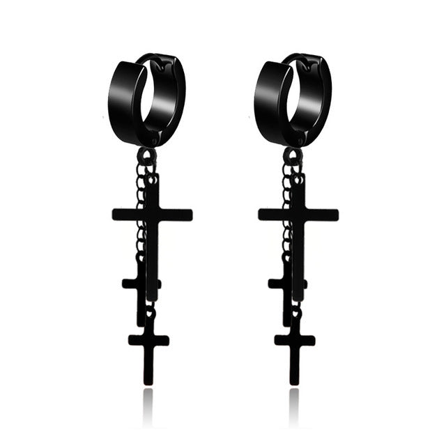 Geometric Stainless Steel and Black Acrylic Cross Stud Earrings