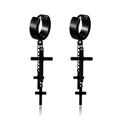 Geometric Stainless Steel and Black Acrylic Cross Stud Earrings