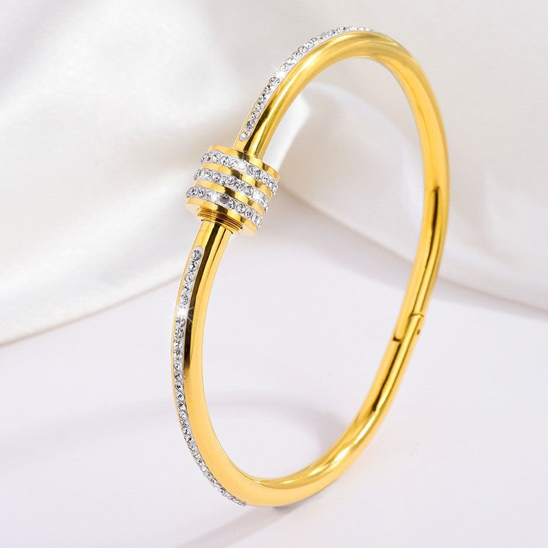 Elegant 18K Gold Plated Stainless Steel Bangle and Titanium Steel Diamond Bracelet Set