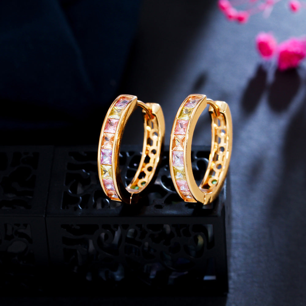 IG Style Elegant Zircon Inlay Circle Earrings - Colorful Geometric Hoops