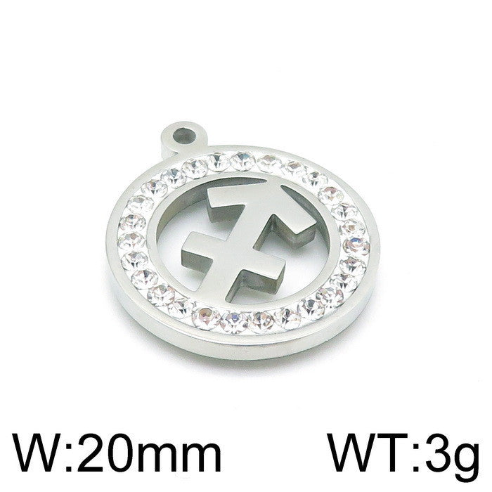 Classic Stainless Steel Zodiac Constellation Pendant Necklace with Rhinestone Inlay