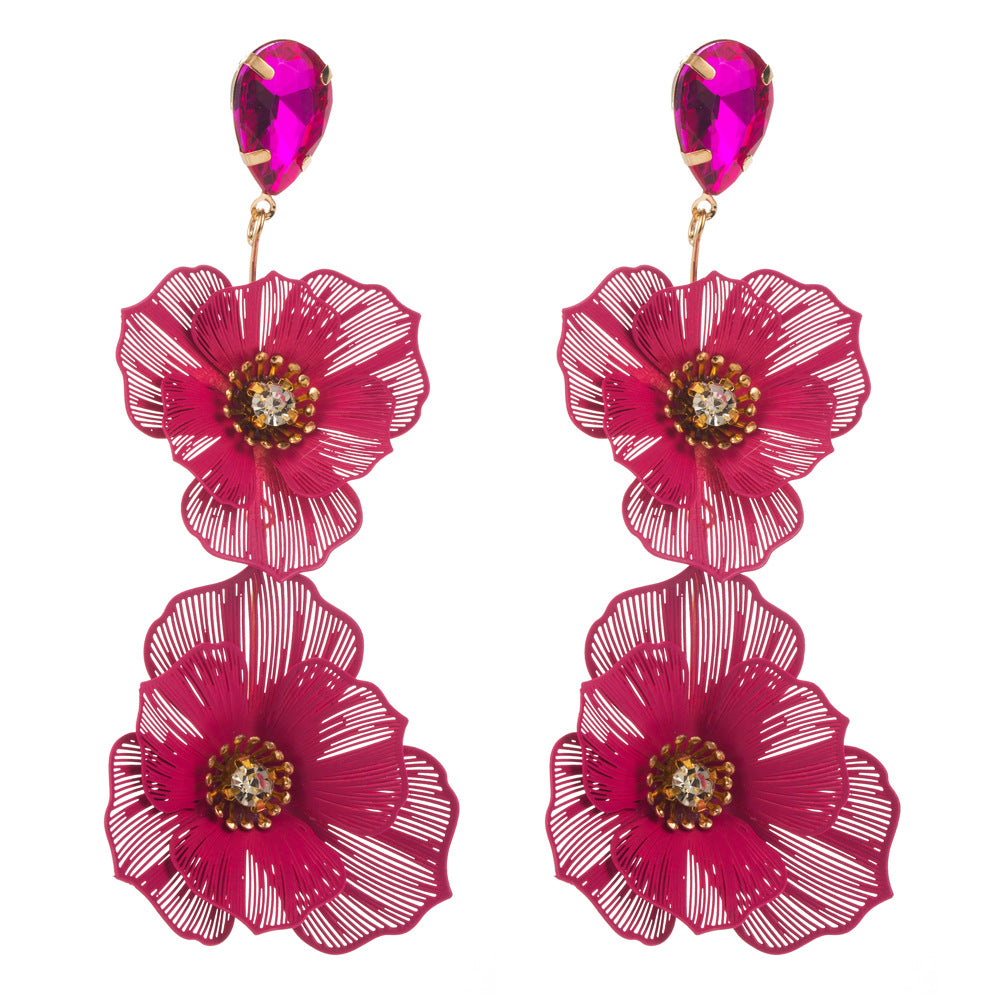 1 Pair Elegant Vacation Classic Style Flower Hollow Out Inlay Alloy Rhinestones Glass Silver Plated Drop Earrings