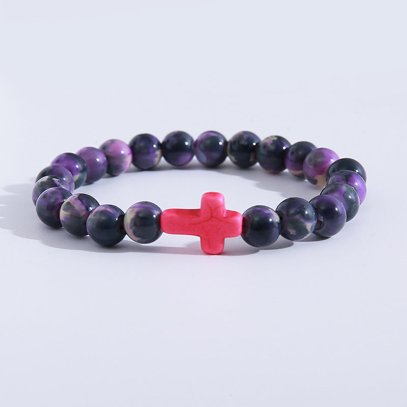 Unisex Retro Cross Beaded Bracelet with Colorful 8mm Artificial Crystal Beads