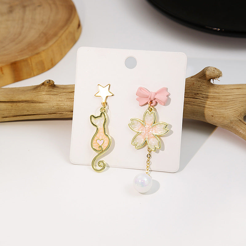 Cartoon Animal Enamel Pearl Drop Earrings with Bow and Flower Design