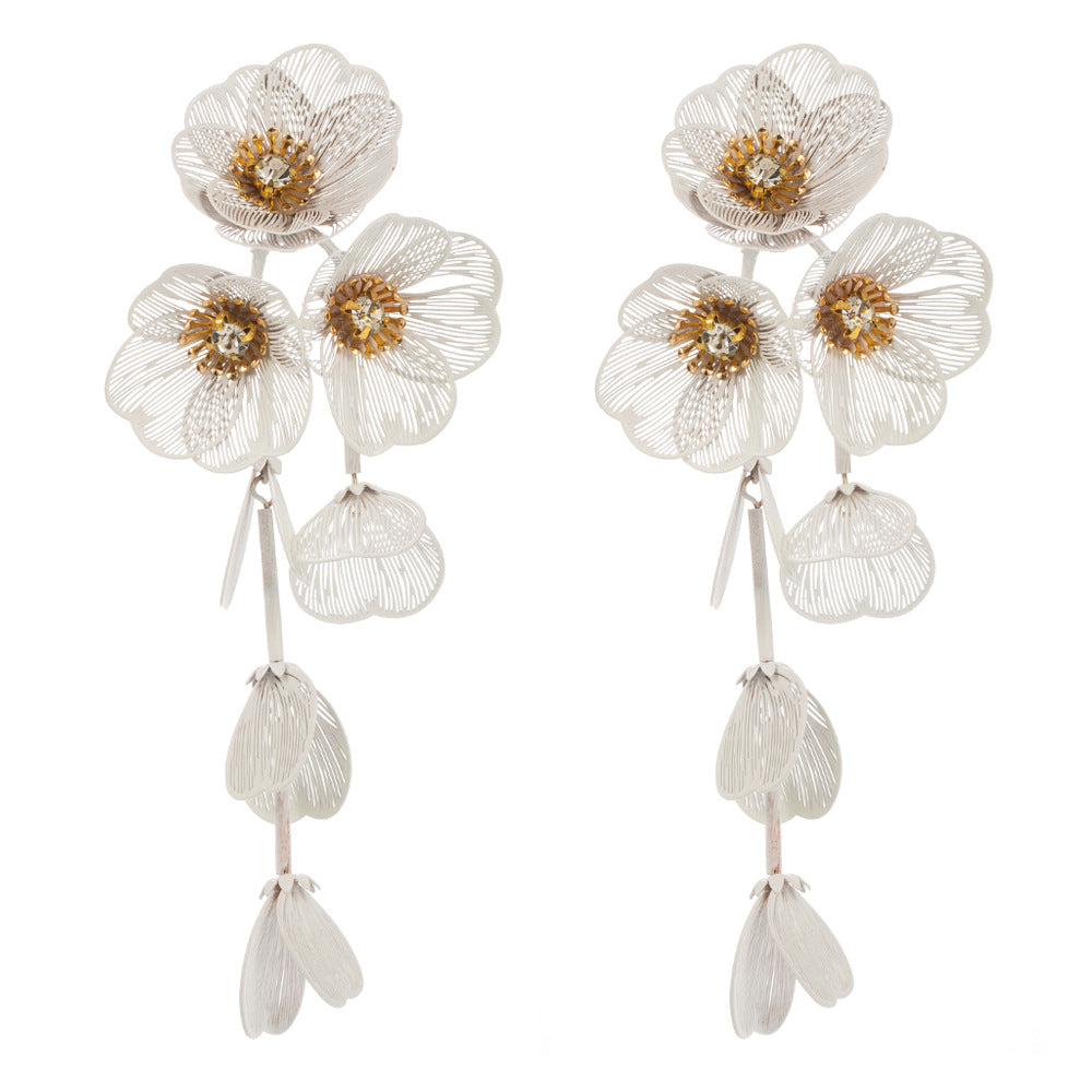 1 Pair Casual Elegant Vacation Flower Inlay Alloy Rhinestones Silver Plated Layered Drop Earrings