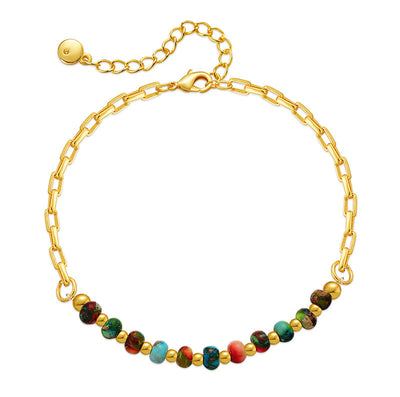 Retro Geometric Colorful Stone Beaded 18k Gold Plated Copper Bracelet