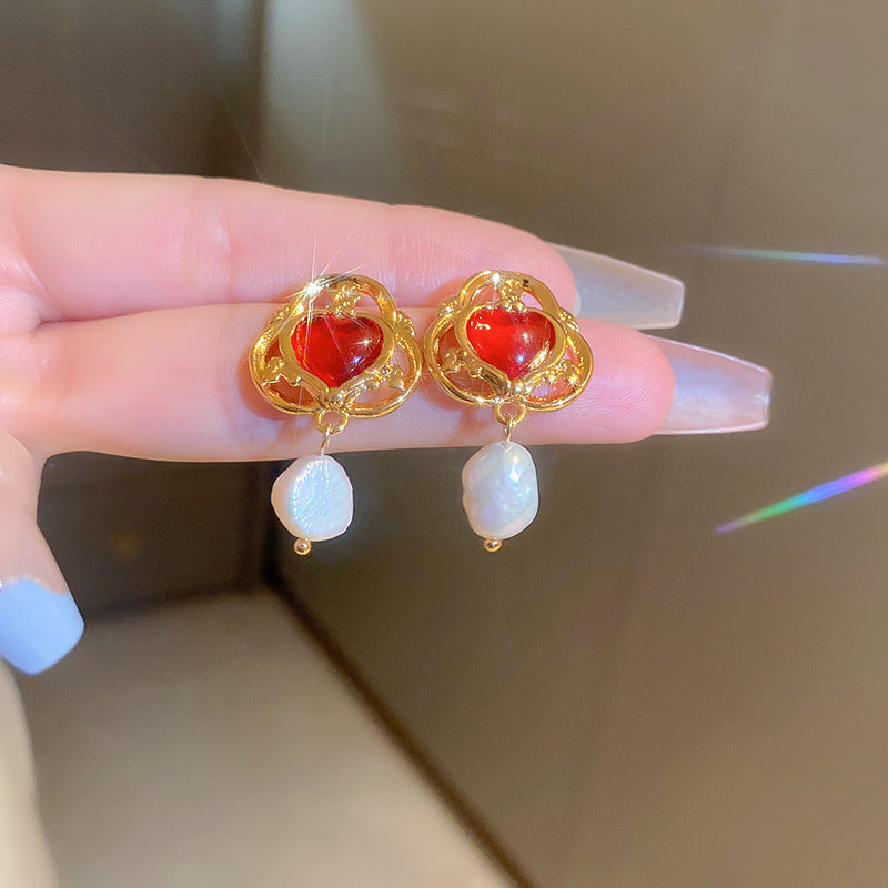 1 Pair Vintage Red Rose Zircon Alloy Drop Earrings