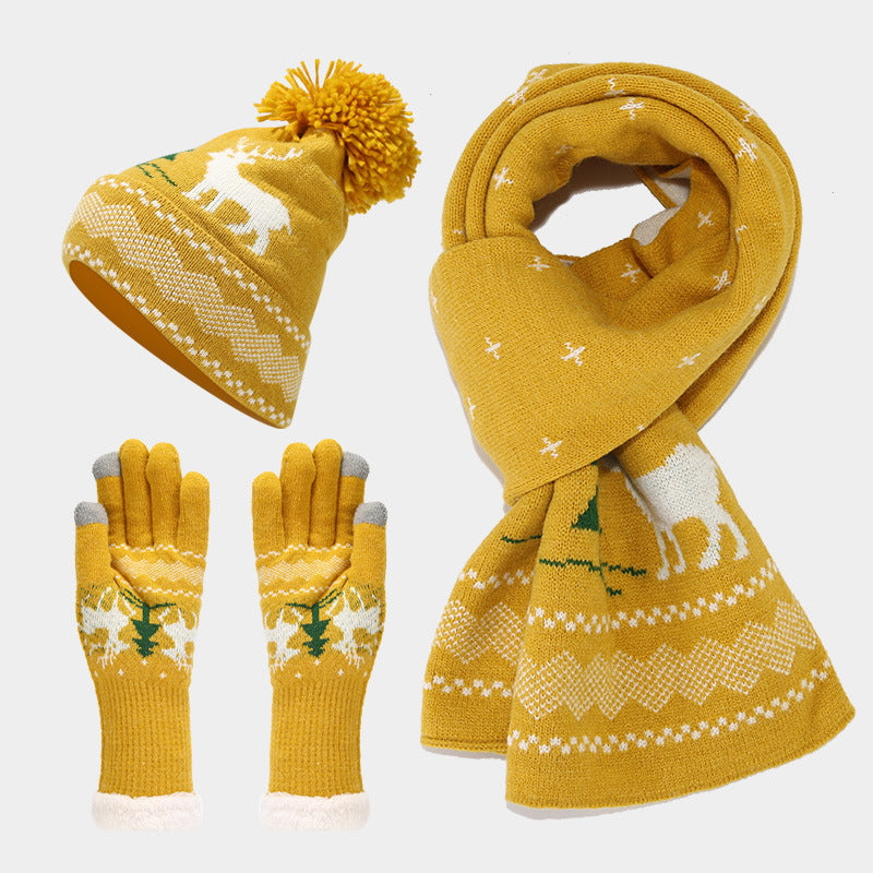 Women's Elegant Reindeer Knit Scarf Hat Gloves 3-Piece Set