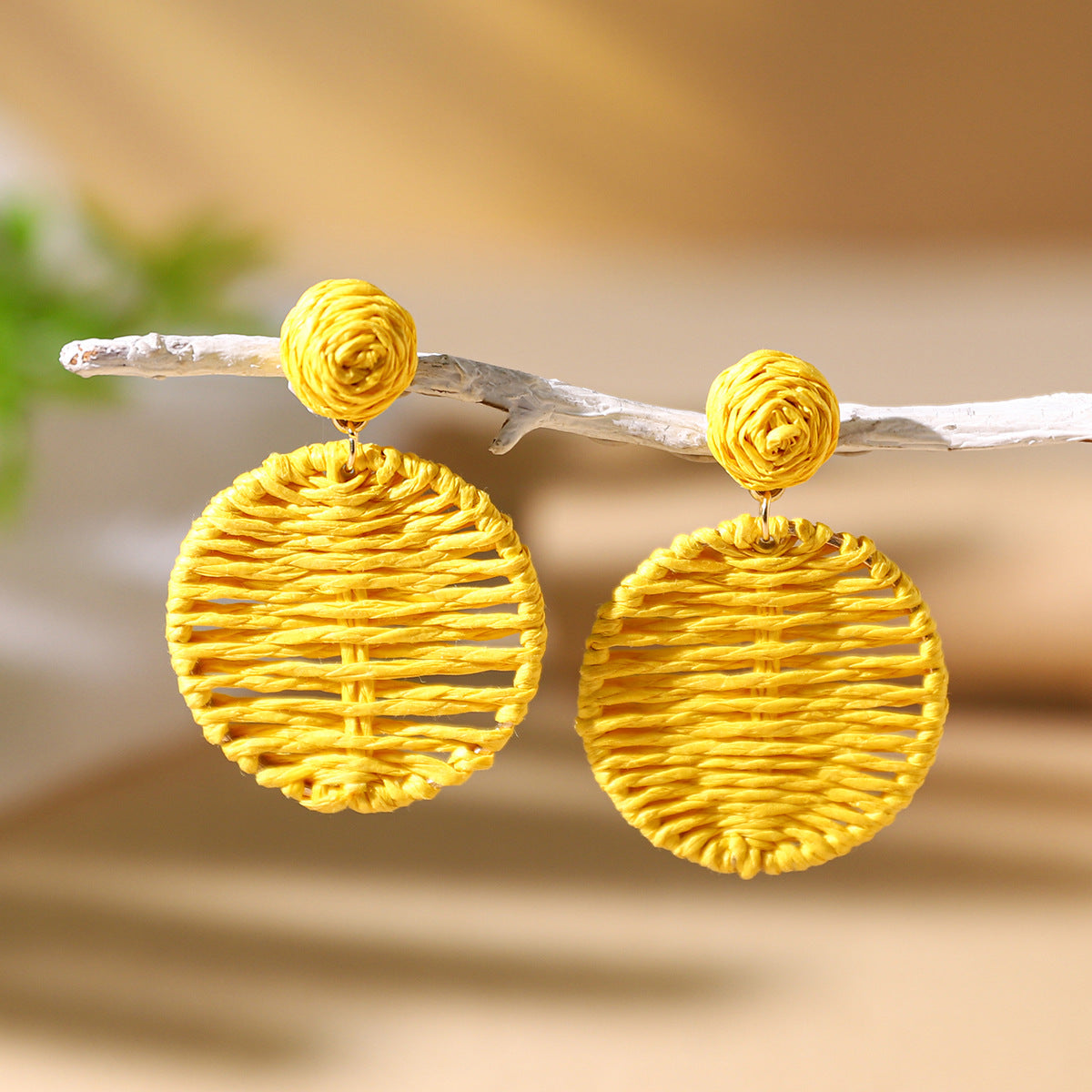 Bohemian Rattan Circle Braid Straw Drop Earrings for Vacation