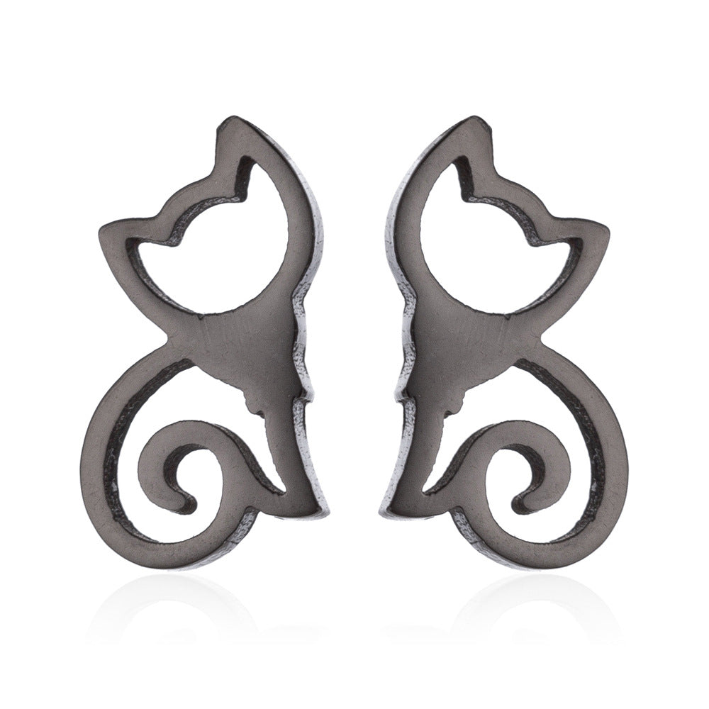 Fashion Stainless Steel Animal Ear Studs - Black Cat & Dog Design